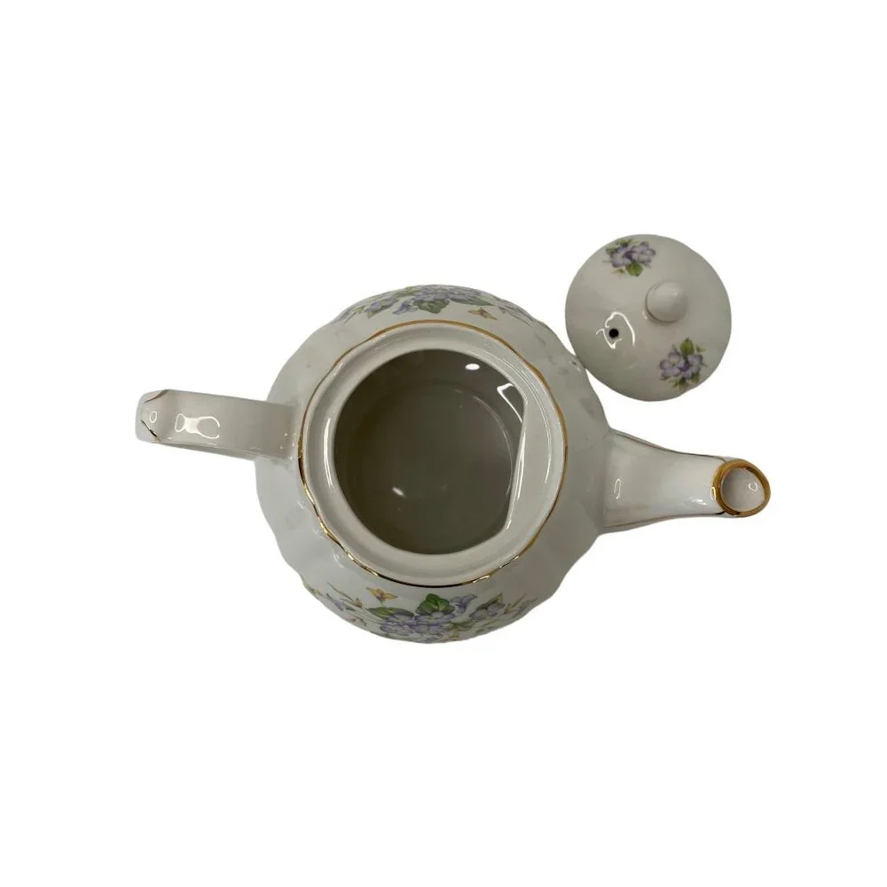 England‎ violet ceramic teapot with lid gilded gold trim rounded floral 6